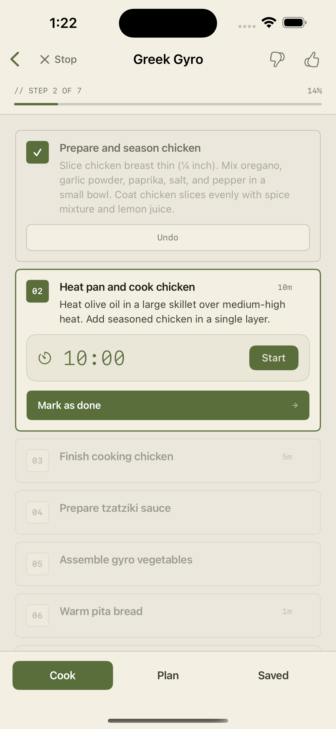 Cooking Mode screen