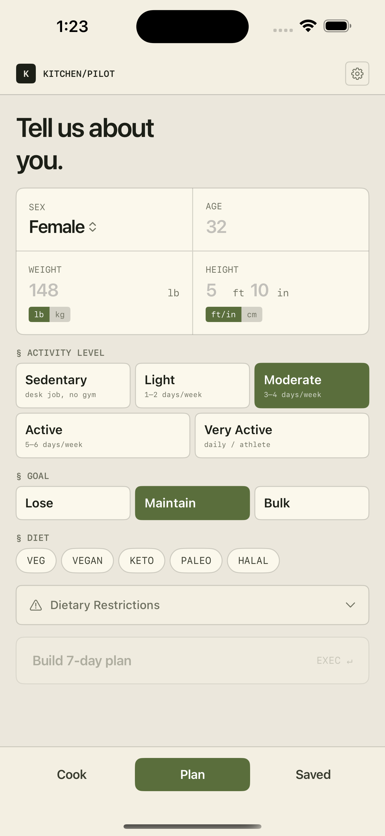 Meal Plan screen