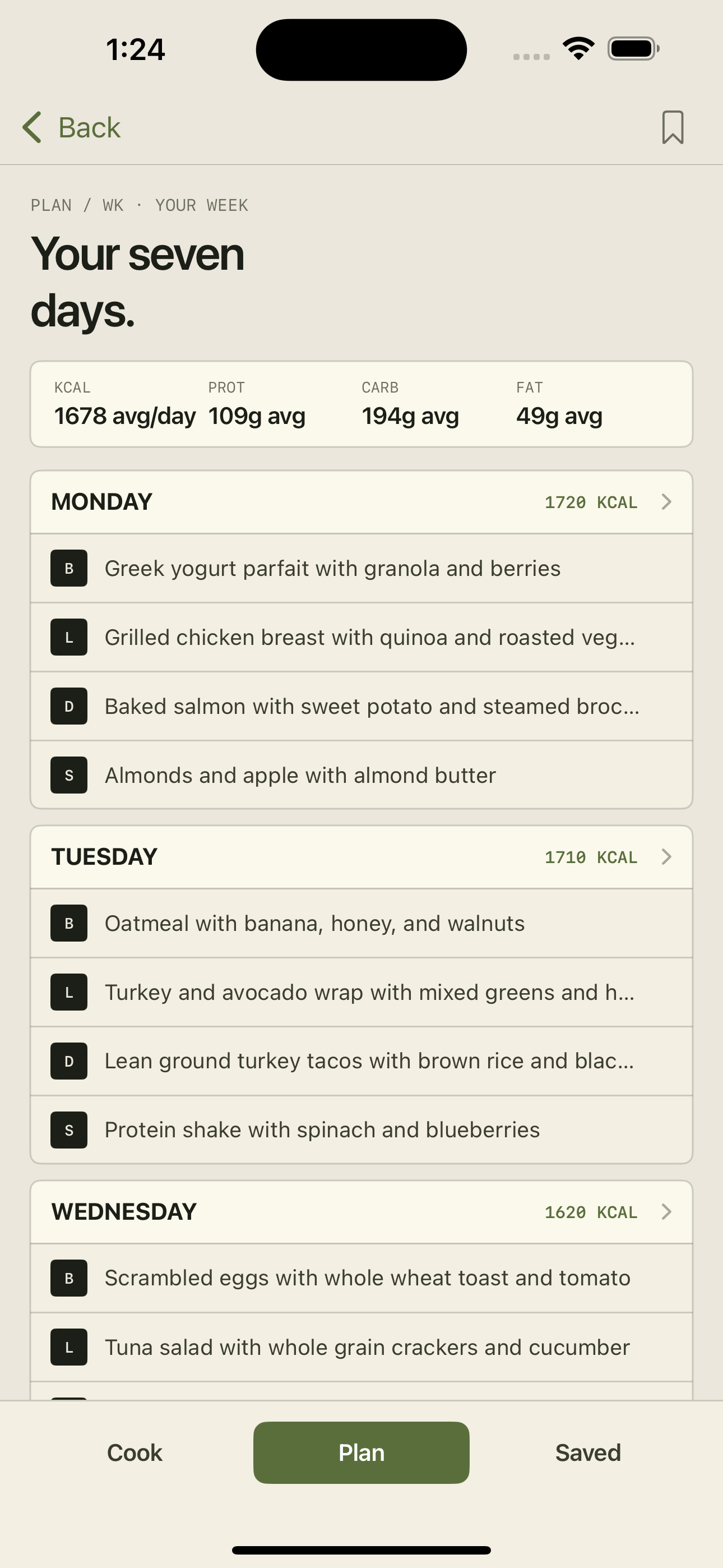 Weekly Meals screen